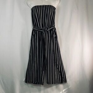 Ambiance Black White Striped Strapless Wide Leg Jumpsuit Medium Belted Pockets